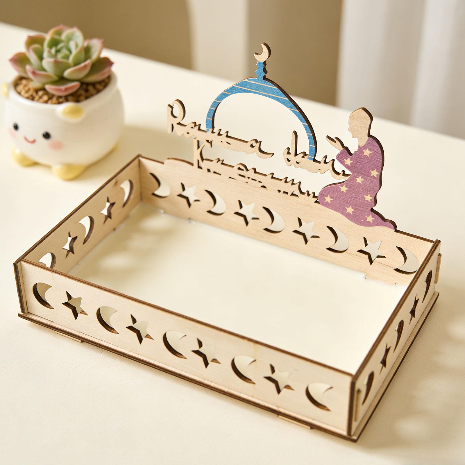 Wooden Serving Tray - İslami Ay Yıldızlı Ahşap Tepsi Dikdörtgen