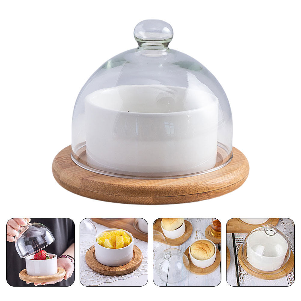 Wooden Serving Tray - Şeffaf Cam Kubbeli Kapaklı Seramik Salata